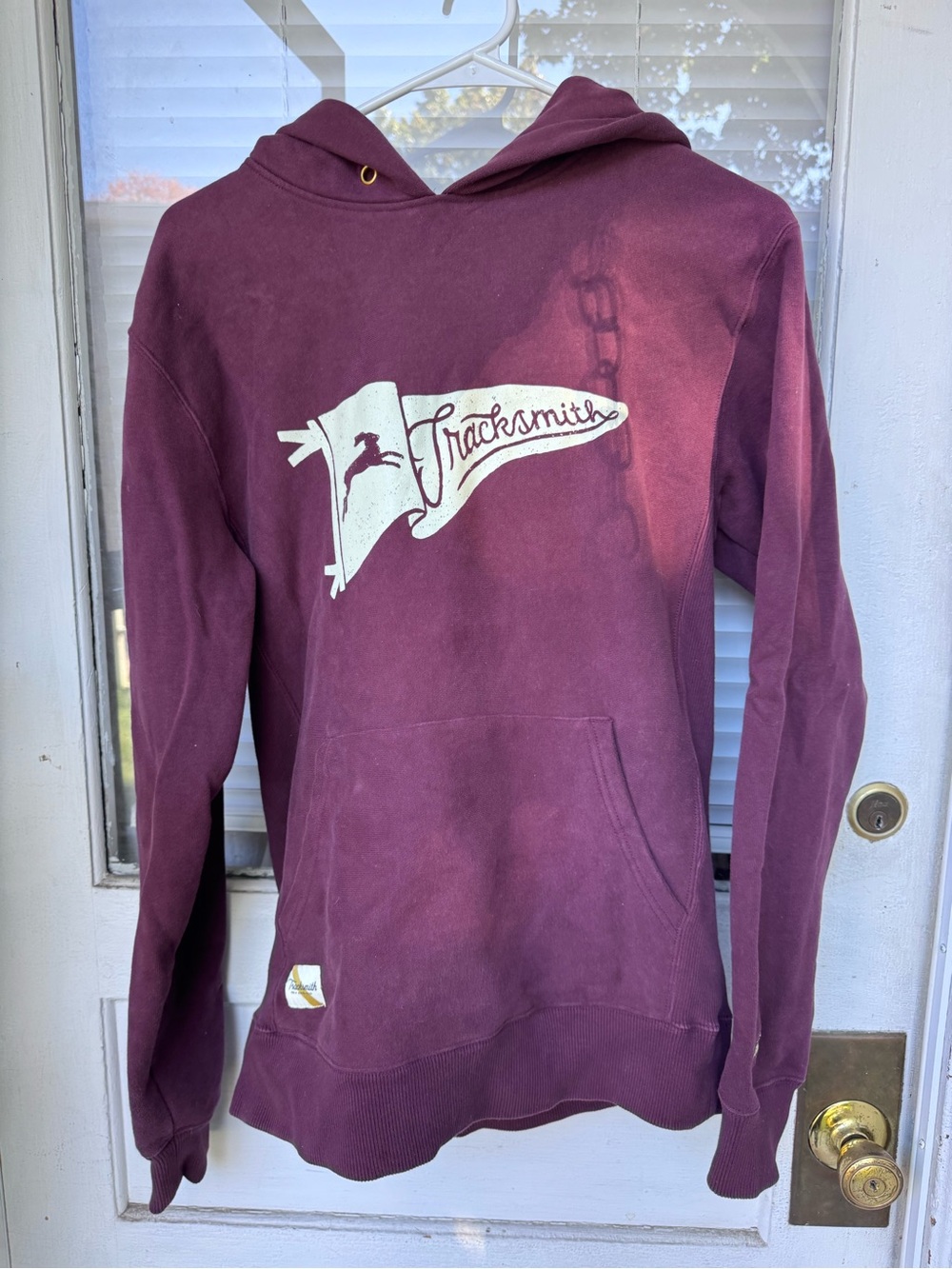Tracksmith Burgundy Pullover Hoodie with Flag Logo